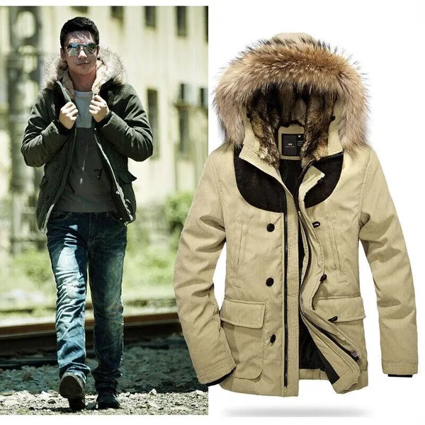 Mens Winter Coats Parka Padded Jackets Fur Collar Hooded Warm Outwear Coats Tops
