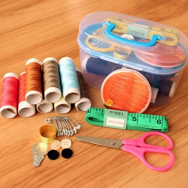 Sewing Tools Kit Threader Needle Measure Tape Scissor Kit Mini Travel Plastic Sewing Kit Tool with Storage Box