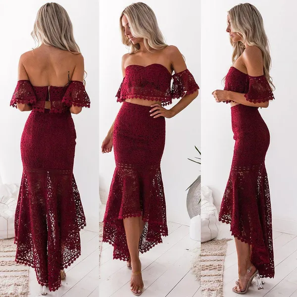Womens 2 Piece Lace Crop Top Backless and Skirt Set Sexy Mermaid Bodycon Outfits Off Shoulder Wedding Pencil Dress
