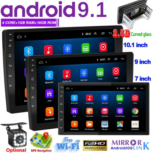 [10.1 Inch/9 Inch/7 Inch] Android 9.1 GPS Autoradio 2 Din 2.5D Car Stereo Radio with WIFI GPS Bluetooth FM Mirror Link + 4/8/12LED Rear Camera