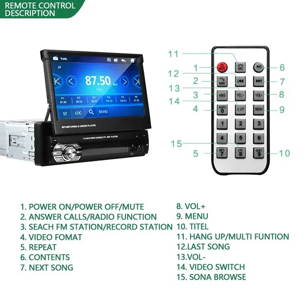 Hikity new 7" 1Din GPS Autoradio HD 1080P Retractable Touch Screen Bluetooth Car Radio Stereo Audio Support Bluetooth/USB/FM/AMMirrorLink and Backup Camera