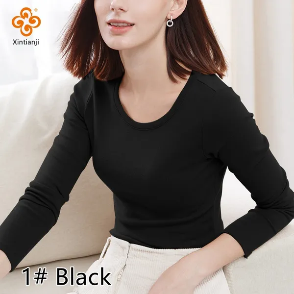 Xintianji 95% Cotton Women T-Shirt Long Sleeve Harajuku Spring and Autumn Bottoming Tops Basic Pulovers Woman Casual Clothes