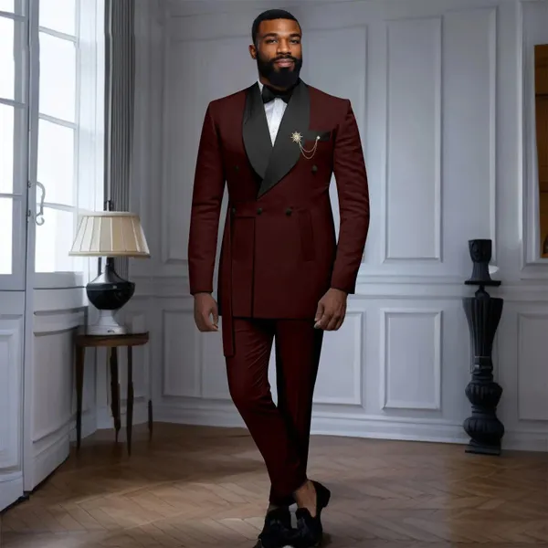 Men`s Business Suit Double Breasted Shawl Collar Brooch Blazer and SlimTrousers 2 Piece Suit African Clothes