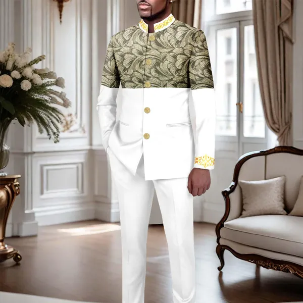 African Suits for Men Slim Fit Embroidery Single Breasted Full Sleeve Printed Blazer and Pants Set Formal Outfits