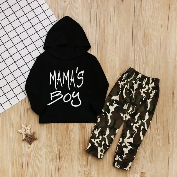 2Pcs Toddler Kids Boy Camouflage Clothes Mama's Boy Letter Print Hoodie Tops+Camo Pants Outfit Sets for 1-6 Years