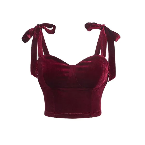 Plus Size Women's Clothes French Vintage Velvet Top Strappy Bow Lace-Up Cinched Waist Waistcoat Tube Top