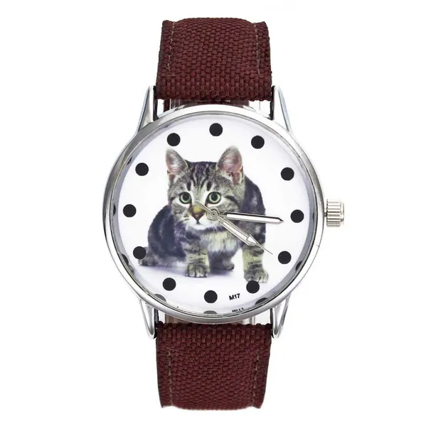 Tabby Cat M Pattern Fashion Women Ladies Dark Brown Canvas Cloth Strap Watch 20mm Sport Wrist Watches Relogio