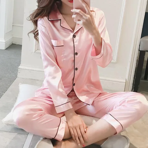 Womens Long Sleeve Sleepwear Soft Pj Set Faux Silk Satin Pyjamas Set Female Pajamas Suit Two Piece Set Autumn Loungewear for Women Plus Size