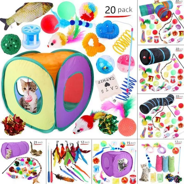 Cat Pets Toys Mouse Shape Balls Foldable Cat Kitten Play Tunnel Funny Cat Stick Mouse Supplies Simulation Fish Cat Accessories