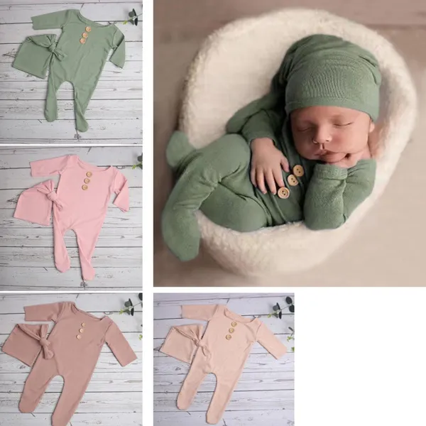 2Pcs/Set Newborn Baby Buttons Romper Jumpsuit with Knotted Hat Photo Prop Outfit KIN