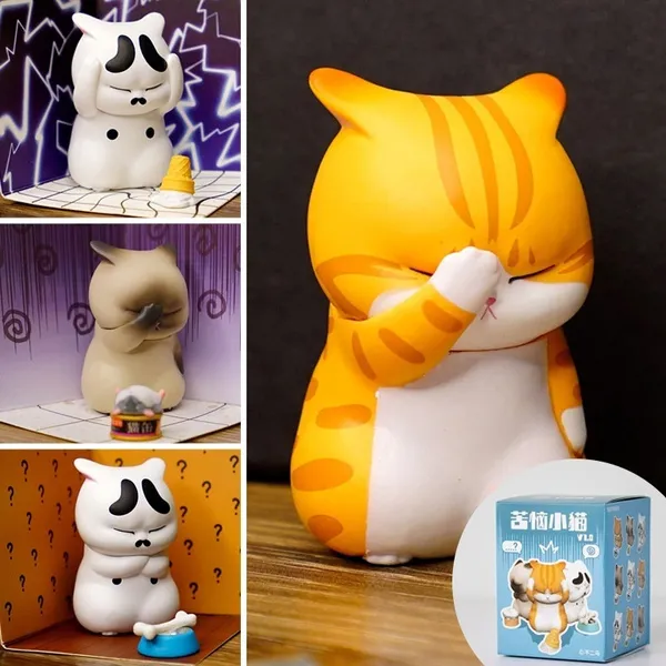 1Pc Random Type Blind Box Pet Cat Figurine Model Toys Kawaii Distressful Kitten Cat Figure Mini Animals Home Ornament Kid Xmas Gift Collection