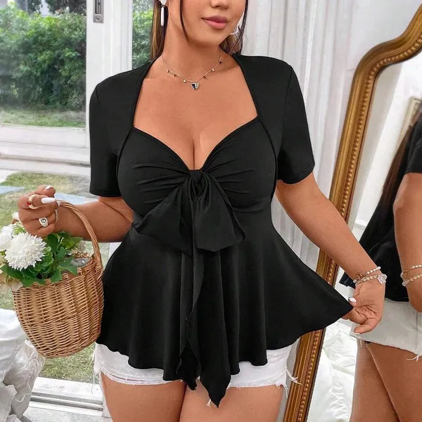 Plus Size Women's Clothing SpringSummer New Sexy V-Neck T-Shirt Bow Short Slim Top
