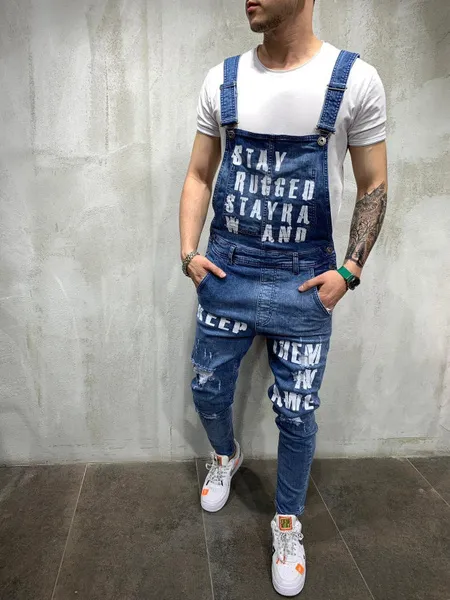 Winter polyester Overalls Workwear Denim Solid Jeans Men Button