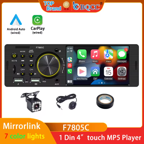 BQCC 1 Din4.1Inch Touchscreen Car Radio wired Android auto carplay Bluetooth FM USB Mirrorlink 7 colorful lights car stereo