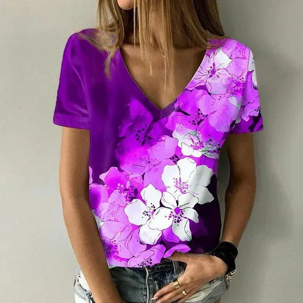XS-8XL Summer Clothes Women's Fashion V-Neck Short Sleeved Tops Casual Flowers Printed Shirts Plus Size Blouses Loose Cotton T Shirts Tee