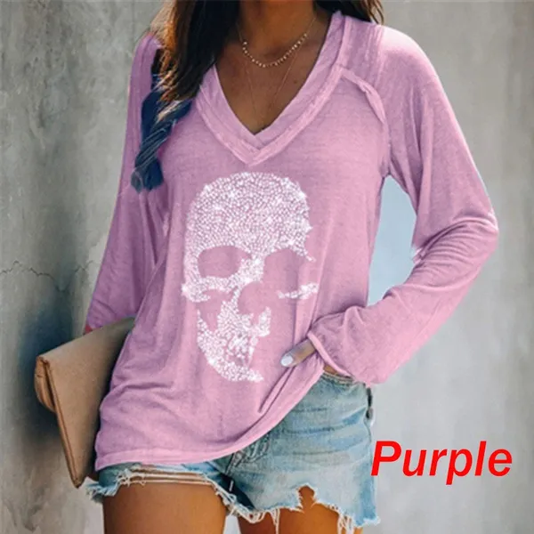 Ladies Casual Long Sleeved T-shirt V-neck Shirts Cotton Plus Size Tops Womens Spring Summer Fashion Skull Rhinestone Printed Loose Blouse