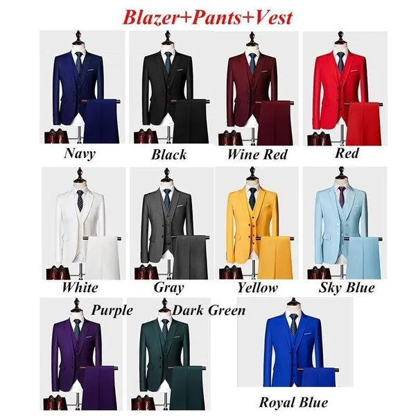(Blazer+Pants+Vest) Classic Men Formal Business Suit Slim Royal Blue Wedding Groom Wear Male Suit Black Gentlemen Costume