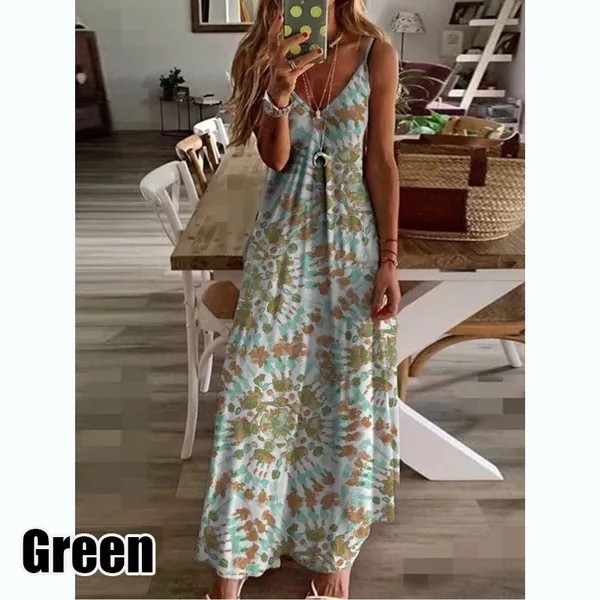 New Fashion Women's V-neck Sleeveless Print Straps Summer Beach Party Loose Casual Long Dresses
