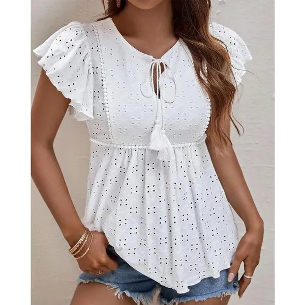 Large size women's clothing, summer new hollow jacquard fringed top