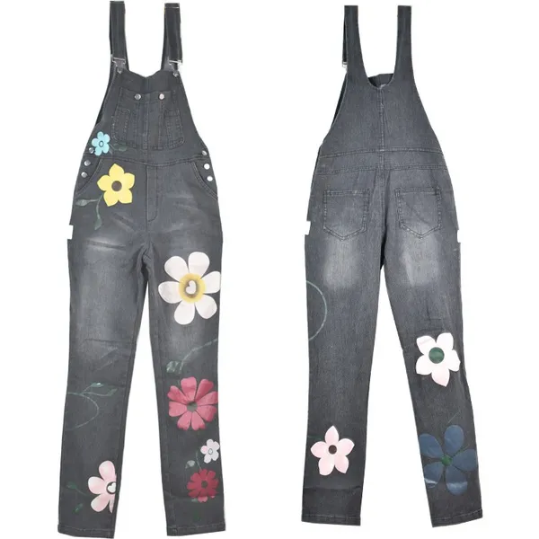 Women's Ladies Denim Dungarees Slim Fit Flower Printing Wash Jeans Jumpsuit