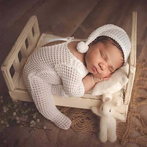 2Pcs Baby Hat Romper Knitted Jumpsuit Long Tail Cap Kit Infants Newborn Photography Props Photo Shooting Clothing Ouifit ETE