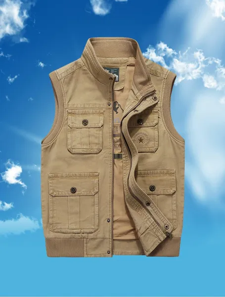 Brand Clothing Autumn Mens Vests Sleeveless Jacket Cotton Casual Multi Pocket Vest Male Waistcoat Coat