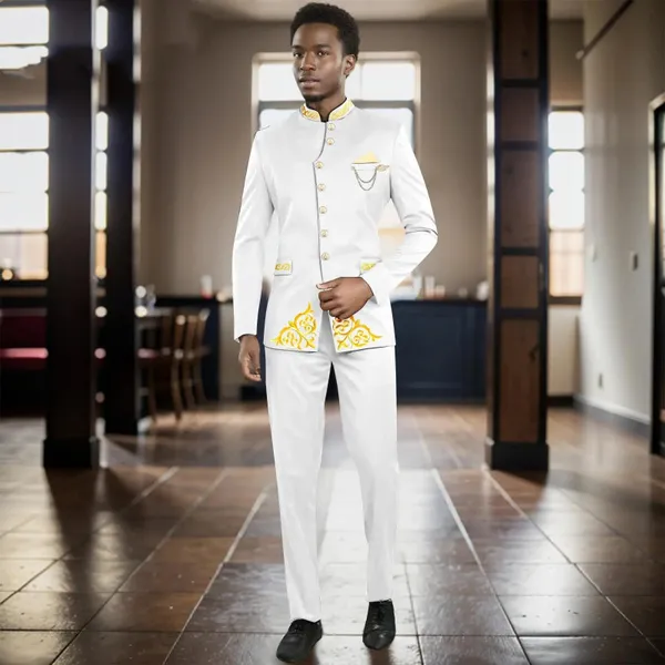 Men`s Suit Single Breasted Embroidery Brooch Blazer and Trousers 2 Piece Set Formal Outfits African Clothes for Wedding 2416112