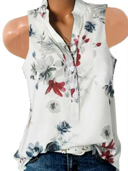 Womens Fashion Summer Sexy V-neck Sleeveless Blouse Loose Floral Printed Casual Tank Tops Blouse Shirt Plus Size XS-6XL