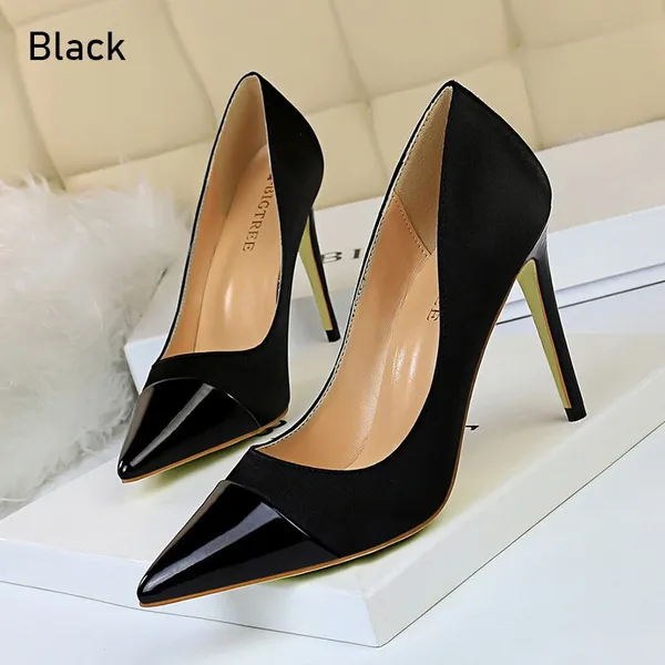 Women Fashion Simple High Heels Shallow Stitching Pointed Pumps Slip on Sexy Stiletto High Heels Ladies Casual Shoes