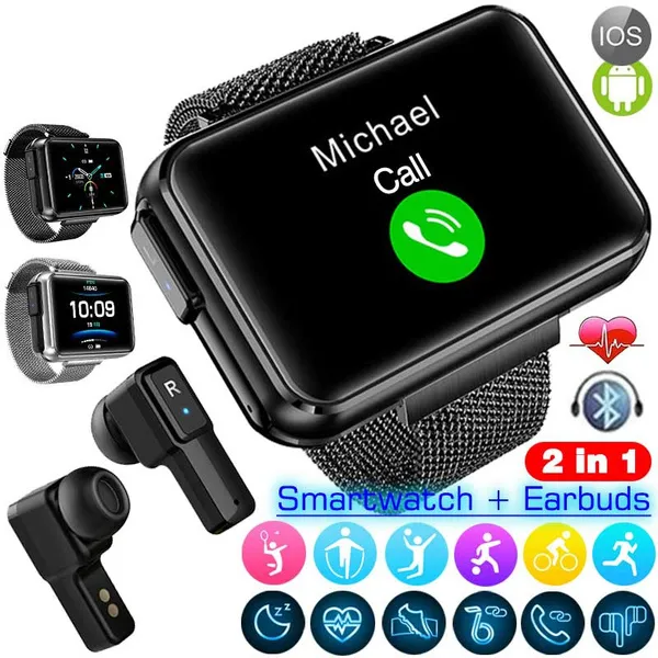 2 in 1 Earbuds Smartwatch, Smartwatch Earphone with Heart Rate Test Blood Pressure Sleep Monitor, Pedometer Wireless Bluetooth Smart Bracelet Headset for Android iOS
