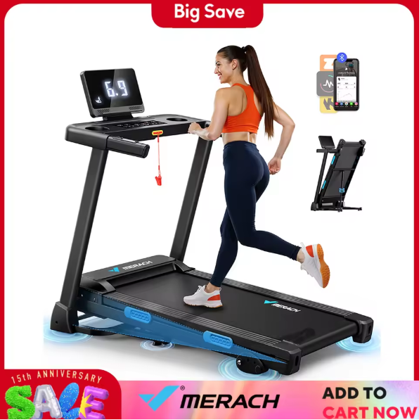 MERACH Foldable Treadmill T12 Incline Quiet Treadmills Double Deck Technology 4 Silicone Shock Cushion Heart Rate Monitoring