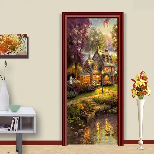 Creative 3D door stickers, refurbished self-adhesive paper decoration, bedroom, living room, wall stickers, door stickers, abstract house cross-border supply