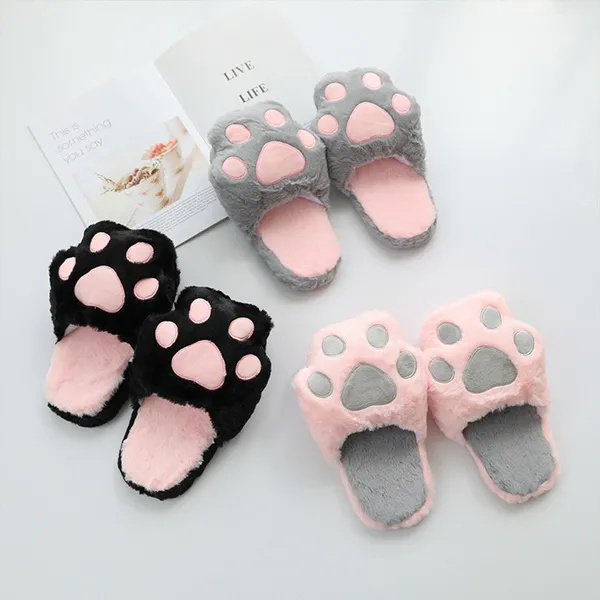 Autumn and Winter Cute Pink Toot Fat Fat Cat Paw Slippers Plush Home Warm Slippers Couple Shoes Three-color Shoes MON
