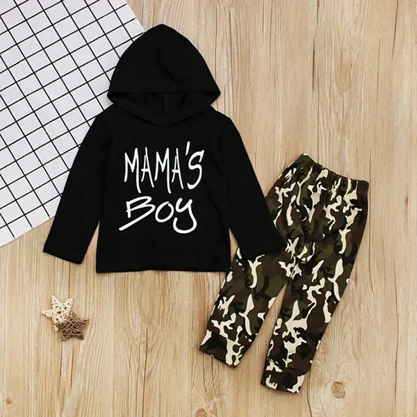 2Pcs Toddler Kids Boy Camouflage Clothes Mama's Boy Letter Print Hoodie Tops+Camo Pants Outfit Sets for 1-6 Years