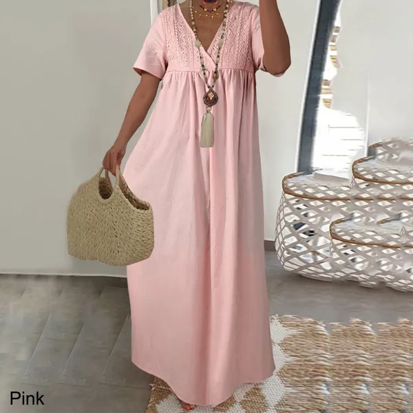 Summer Women Short Sleeve Maxi Dress Kaftan Lace Stitching V Neck Party Casual Loose Long Dress Plus Size S-5XL