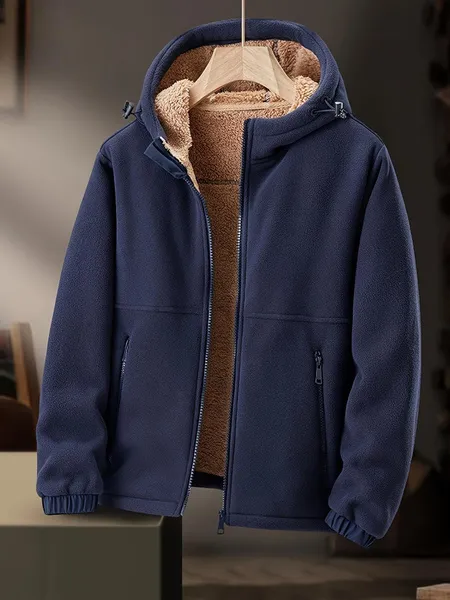 Warm & Cozy Polyester Blend Men's Fleece-Lined Hooded Jacket - Long Sleeve, Regular Fit, Casual Zip-Up Winter Coat with Pockets, Non-Transparent, Machine Washable, Solid Color