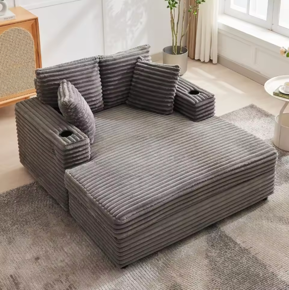 Indoor Oversized Chaise Lounge Chair: Comfortable Corduroy with Charging Station and Cup Holder, Sleeper Sofa Bed