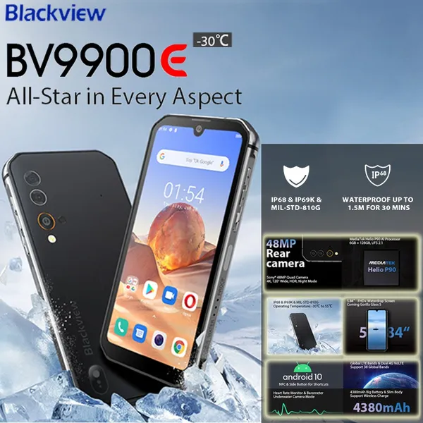 Blackview BV9900E Rugged Phone Helio P90 6GB+128GB Android 10 Smartphone 4380mAh 6.21 Inch AMOLED 48MP Camera NFC IP68 Waterproof Mobile Phone