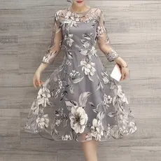 Women Fashion O-neck Lace Double Layer Flower Prom Party Beach Dress White Casual Dresses S-3XL