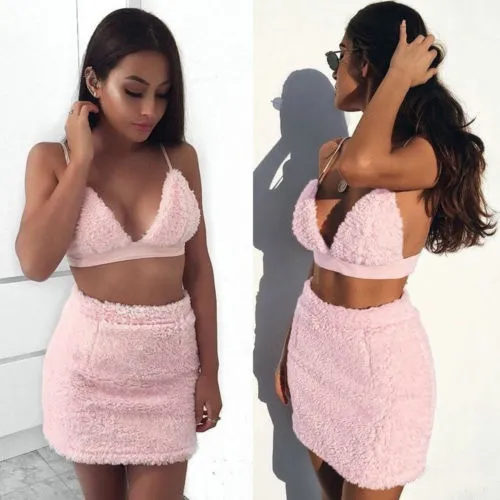 Women Sexy Plush Fluffy Bralette Bra Top + Mini Skirt Set Cocktail Party Clubwear Hot