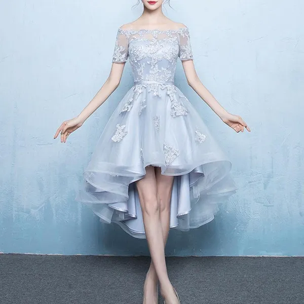 Off Collar Bridesmaid Dresses Front Short Rear Length Gary Burgundy Champagne Embroidery Wedding Party Dress