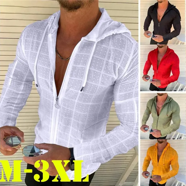 New Men's Shirt Casual Long Sleeve Zipper Shirt Slim Fashion Hooded T-shirt Social Men's Top