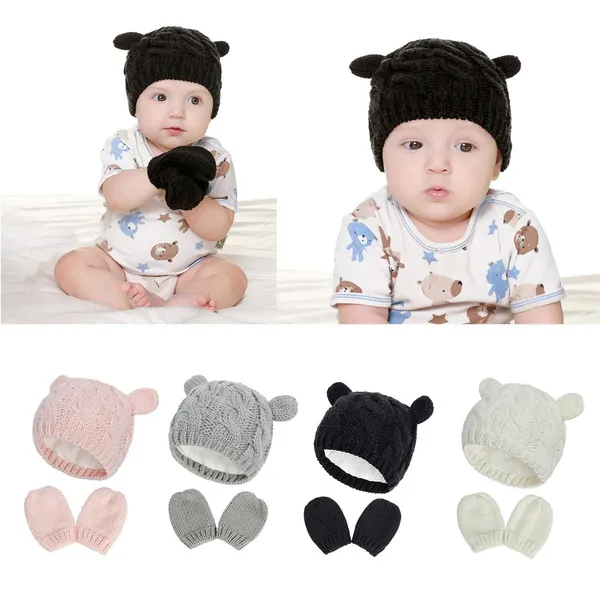 Baby Hat and Mittens Set Kids Knitted Beanie Cap Winter Warm Pompom Hats Gloves AOA