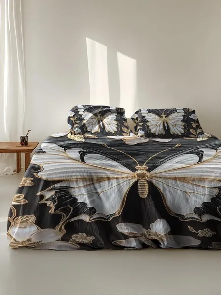 Three-piece fluffy printed double bed set, soft, comfortable and breathable bedding set, suitable for all seasons (without sheets, without fillers)