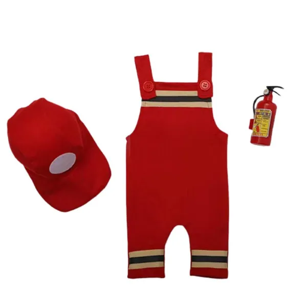 Newborn Fireman Costume for Photography Photo Clothes Hat Suspender Romper Photo Props 0-3M Baby Photo Outfit OUY