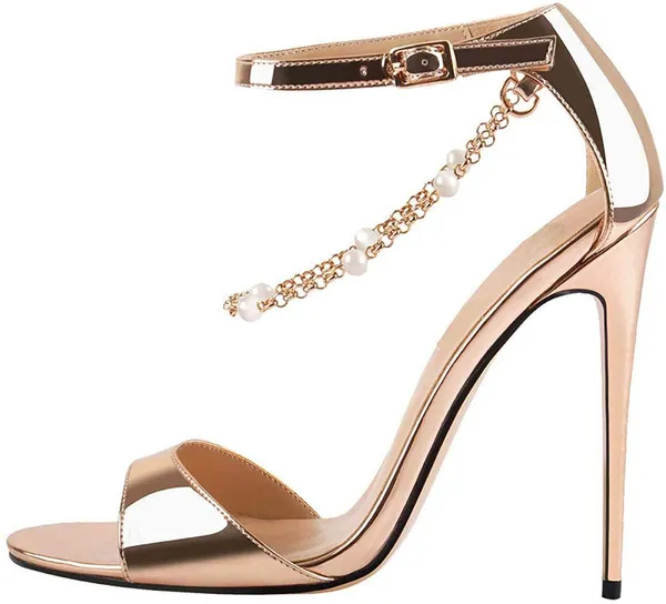 Womens Beaded Chain Ankle Strappy Stilettos High Heel Sandals Open Toe Single Band Pearl Sandals Shoes