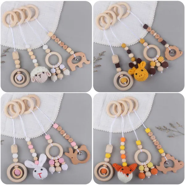 Baby Beech Hanging Pendants 4pcs/set Knitting for Doll Ring Teether Teething Nursing Rattle Toy for Stroller Gym Newborn Baby Shower Gift Toy ZOU