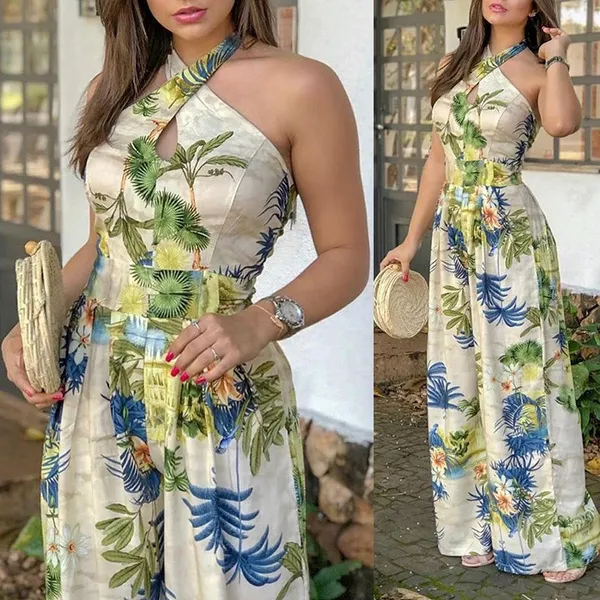 Summer Women Fashion Cross Halter Floral Print Jumpsuit