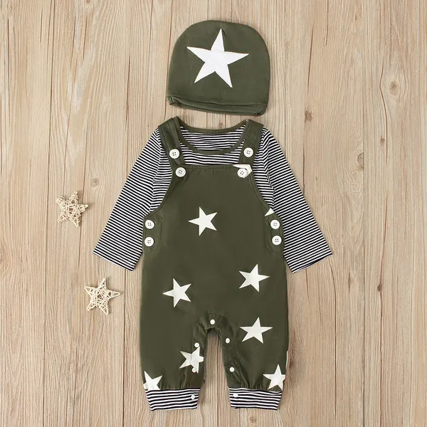 3PCS/Set Baby Toddler Boys Gentleman Suits:Long Sleeve Striped Tops + Bib Pants + Beanies Hat Outfits Clothes
