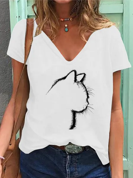 Summer Fashion Women's Clothing Cats Printed Casual V-neck T-shirt Short Sleeve Solid Color Tops Ladies Plus Size Blouse